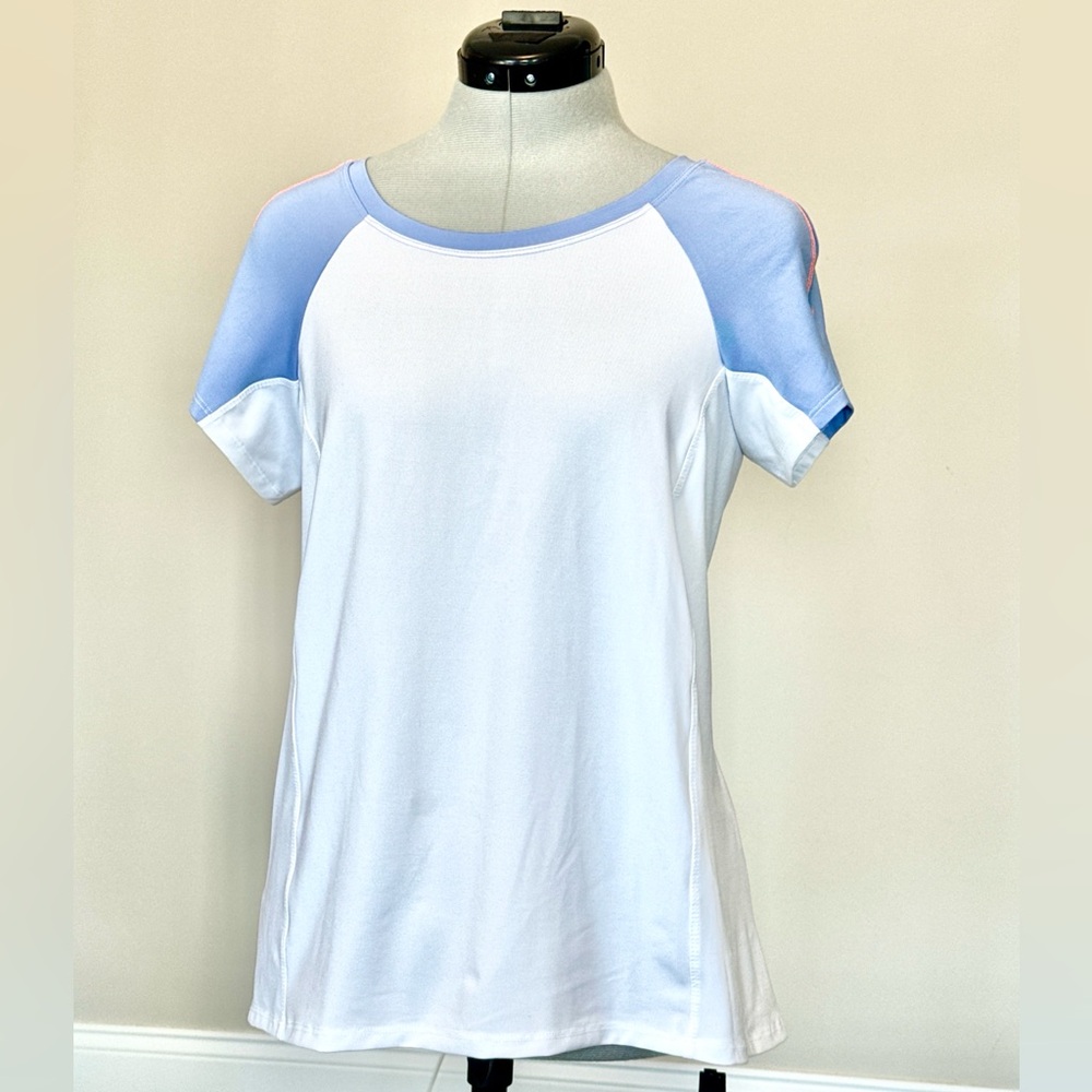 Lucky in Love White Blue Tennis Top L 12 Athletic Golf Pickleball